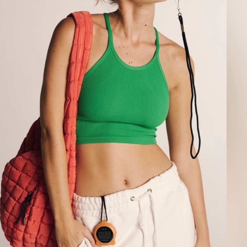 Free People Green Ribbed Crop Tank Top